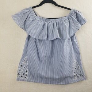 Merona‎ Blue White Stripe Off Shoulder Ruffle Top Eyelet Detail XS